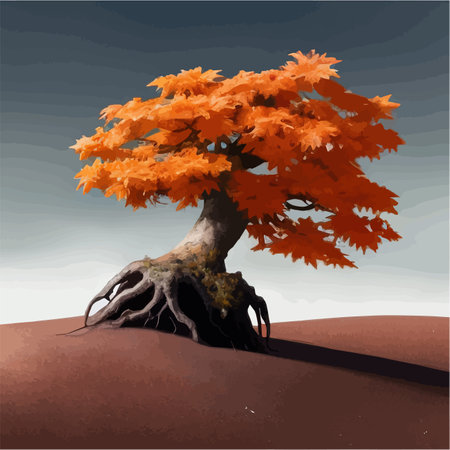 Landscape background. Autumn orange big crooked tree on hill alonePlant Art design for print, cover, wallpaper, Minimal and natural, fantasy wildlife vector illustrationのイラスト素材