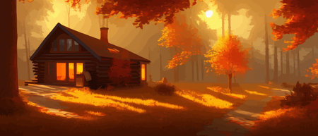 Autumn forest with a wooden house. Vector cartoon illustration of deep forest landscape with forest hut, grass and orange trees. Autumn scene with cottageのイラスト素材