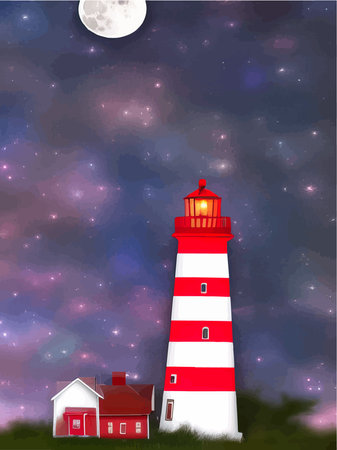 Vector illustration lighthouse in night sea. Lighthouse by sea with mountains, moon and starry night sky. Night landscape on the coast.のイラスト素材