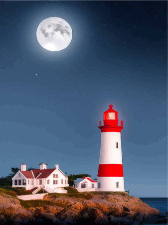 Vector illustration lighthouse in night sea. Lighthouse by sea with mountains, moon and starry night sky. Night landscape on the coast.のイラスト素材