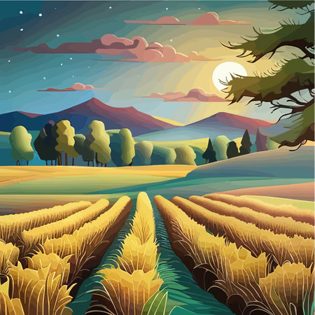 Cornfield landscape Vector illustration cartoon landscape with tall corn stems on a sunny dayのイラスト素材