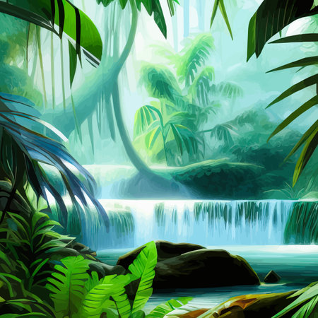 Tropical botanical landscape vector illustration, with waterfalls and palm trees, floral background. Exotic green background and wallpaper, forrest, rainforest, plants and nature illustrationのイラスト素材