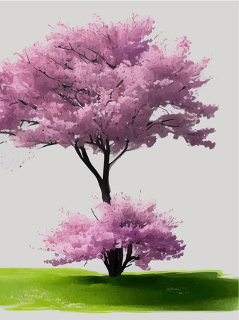 Blooming flowers or sakura, cherry tree view isolated on background for landscape and architecture drawing, elements for environment or and garden, botanical for spring section vector illustrationのイラスト素材