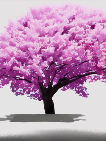 Blooming flowers or sakura, cherry tree view isolated on background for landscape and architecture drawing, elements for environment or and garden, botanical for spring section vector illustrationのイラスト素材