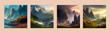 Mountains and lake Landscape. Cartoon rocky mountains, forest and river scene. Wild nature summer...