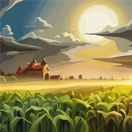 Corn field with the blue sky Realistic vector illustration of corn field in the harvesting timeのイラスト素材