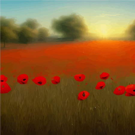 Beautiful red poppies in field. Wild flower spring nature landscape. Vector illustration for interior design, textile print, print issues, invitation and greeting cards.のイラスト素材