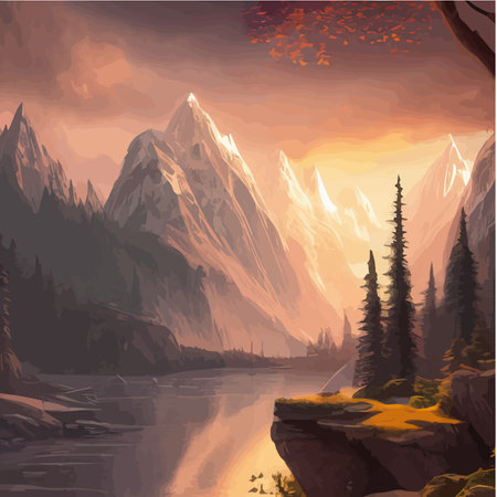 Forest and mountains river landscape vector. Foggy cloudy day vector illustration. Summer season alpine wildlife with scenic viewのイラスト素材
