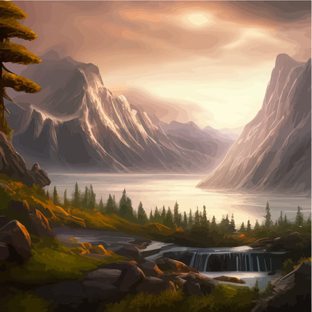 Forest and mountains river landscape vector. Foggy cloudy day vector illustration. Summer season alpine wildlife with scenic viewのイラスト素材