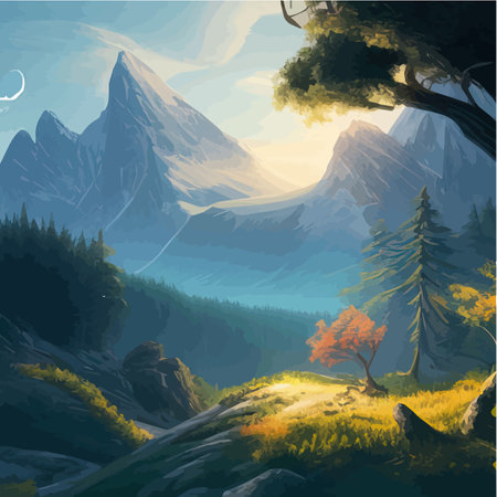 Forest and mountains river landscape vector. Foggy cloudy day vector illustration. Summer season alpine wildlife with scenic viewのイラスト素材