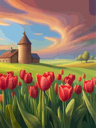 Field reds tulips against backdrop mountains. Spring banner vector illustration. Huge field of colorful tulips. Beautiful natureのイラスト素材