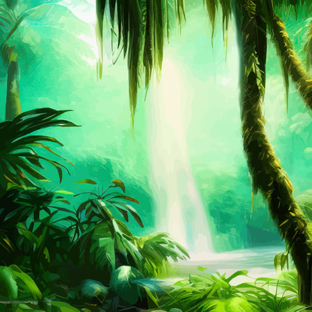 Tropical botanical landscape vector illustration, with waterfalls and palm trees, floral background. Exotic green background and wallpaper, forrest, rainforest, plants and nature illustrationのイラスト素材