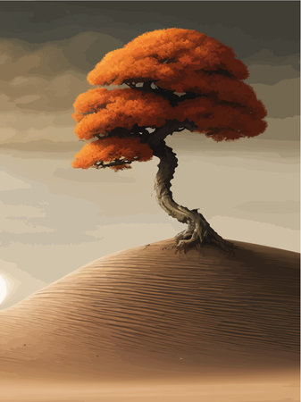 Orange tree in middle desert under hill on background mountains and moon, vector illustration, fantastic natureのイラスト素材