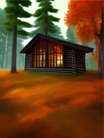 Fairytale house made logs with red roof, old wooden door, window. Vector illustration in cartoon style, in autumn forest with orange bright foliageのイラスト素材
