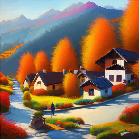 Sunny day in village house with road and orange autumn trees. Cartoon picture of rural scene in autumn, Rural landscapes against the backdrop of mountains vector Illustrationのイラスト素材