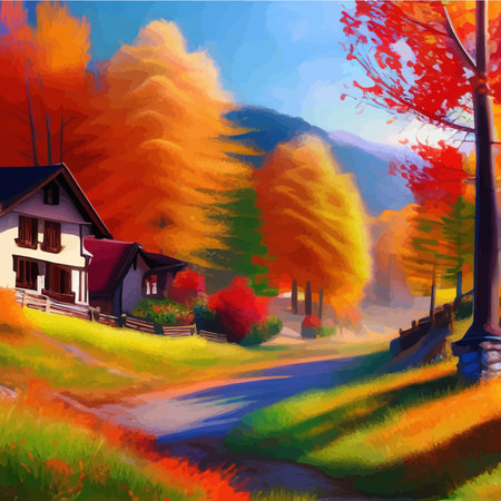 Sunny day in village house with road and orange autumn trees. Cartoon picture of rural scene in autumn, Rural landscapes against the backdrop of mountains vector Illustrationのイラスト素材