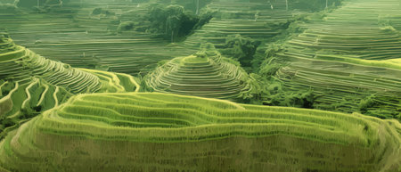 Terraced plantation poster Chinese rice fields. Tea plantations. Brochure, booklet one page conceptual design with illustration. Agricultural slopes flyer vector illustration.のイラスト素材