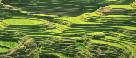 Terraced plantation poster Chinese rice fields. Tea plantations. Brochure, booklet one page conceptual design with illustration. Agricultural slopes flyer vector illustration.のイラスト素材