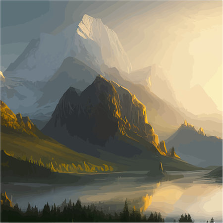 Incredible mountain landscape in clouds with forest and a river. Vector illustration. Breathtaking view. Beautiful mountains in the fog at dawnのイラスト素材
