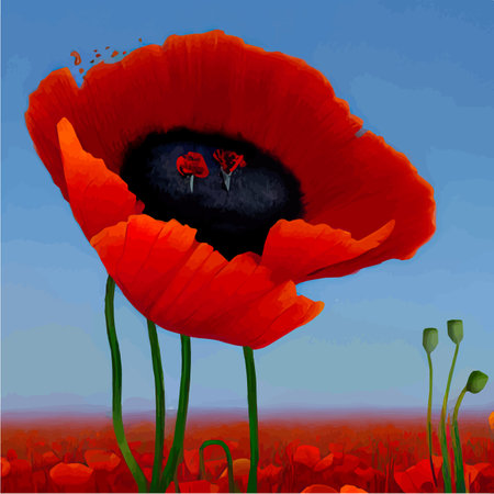 Spring landscape. Beautiful nature. Sunny landscape with poppies. Natural background with fields, meadows, forests and flowers with sky, vector illustrationのイラスト素材