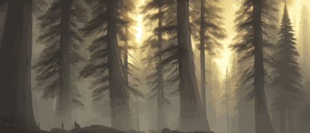 Twilight forest background. Scary fashion landscape vector image, horror foggy forest landscape, spooky misty trees, mysterious night dark atmospheric panorama, vector illustrationのイラスト素材