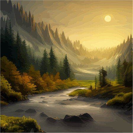 Forest and mountains river landscape vector. Foggy cloudy day vector illustration. Summer season alpine wildlife with scenic viewのイラスト素材