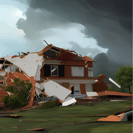 Big storm producing tornado causing destruction, destroyed houses dark sky with storm clouds and...