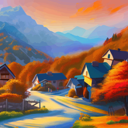 Sunny day in village house with road and orange autumn trees. Cartoon picture of rural scene in autumn, Rural landscapes against the backdrop of mountains vector Illustrationのイラスト素材
