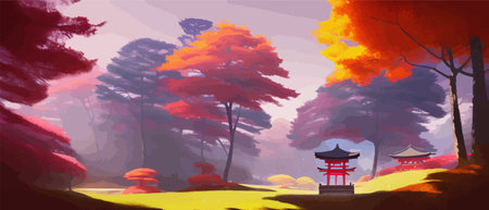 Torii, Japanese shrine gate. Vector illustration wooden Japanese Torii gate, painted in red and black colors in a forest with colored trees on a sunny dayのイラスト素材