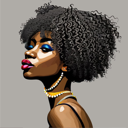 Black Afro African American girl woman lady vector illustration portrait head face curly natural waves hair puff hairstyle drawing illustration. Laser plotter cutting. Logo Beauty salon. printのイラスト素材