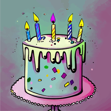 Cute colorful cake with candles on a colored background, vector illustration