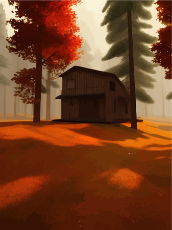 Fairytale house made logs with red roof, old wooden door, window. Vector illustration in cartoon style, in autumn forest with orange bright foliageのイラスト素材