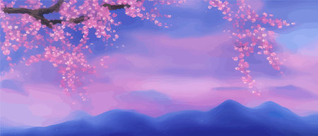 Landscape with branch sakura blossom trees. Misty mountains in clouds. Oriental nature in the...