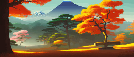 Torii, Japanese shrine gate. Vector illustration wooden Japanese Torii gate, painted in red and black colors in a forest with colored trees on a sunny dayのイラスト素材