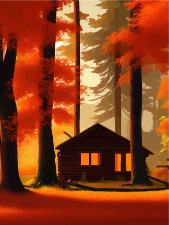 Fairytale house made logs with red roof, old wooden door, window. Vector illustration in cartoon style, in autumn forest with orange bright foliageのイラスト素材