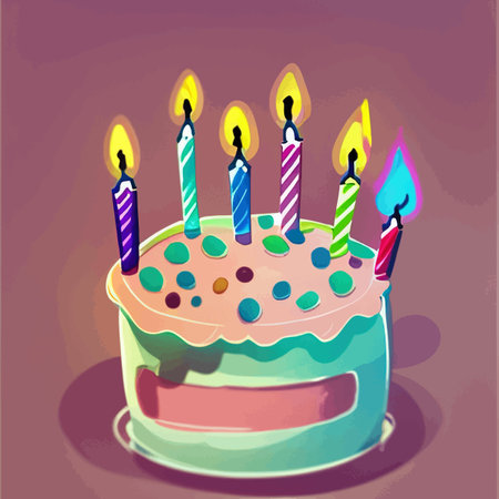 Cute colorful cake with candles on a colored background, vector illustration