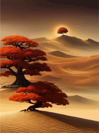 Sunset or full moon in African autumn orange big crooked tree on hill alonePlant Art design for print, cover, wallpaper, Minimal and natural, fantasy wildlife vector illustrationのイラスト素材