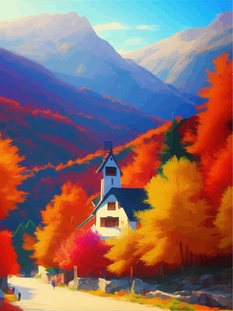 Autumn landscape with houses and mountains, beautiful orange trees on a sunny day along the road, countryside vector illustrationのイラスト素材