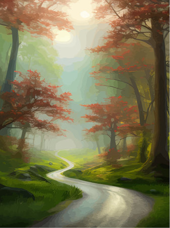 Automobile road through spring forest. Vector illustration of countryside, highway with tire tracks on asphaltのイラスト素材