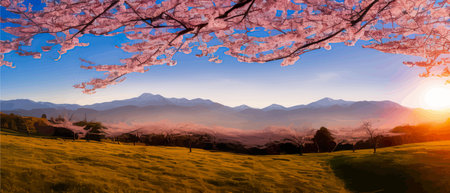 Landscape with branch sakura blossom trees. Misty mountains in clouds. Oriental nature in the morning at dawn, spring sakura landscape, beautiful vector illustration as wallpaperのイラスト素材
