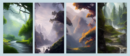 Set of landscapes. Coniferous wood hills with mountains and river, vector illustration spring...
