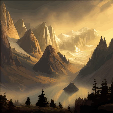 Forest and mountains river landscape vector. Foggy cloudy day vector illustration. Summer season alpine wildlife with scenic viewのイラスト素材