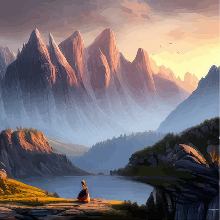 Incredible mountain landscape in clouds with forest and a river. Vector illustration. Breathtaking view. Beautiful mountains in the fog at dawnのイラスト素材