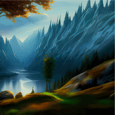 Forest and mountains river landscape vector. Foggy cloudy day vector illustration. Summer season alpine wildlife with scenic viewのイラスト素材