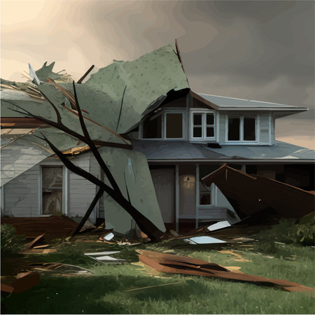 Twisting tornado, destroying civilian building. Hurricane Storm in countryside. Natural chimney in natural disaster natural cataclysm, storm wind and downpour with thunderstorm, vector illustration.のイラスト素材