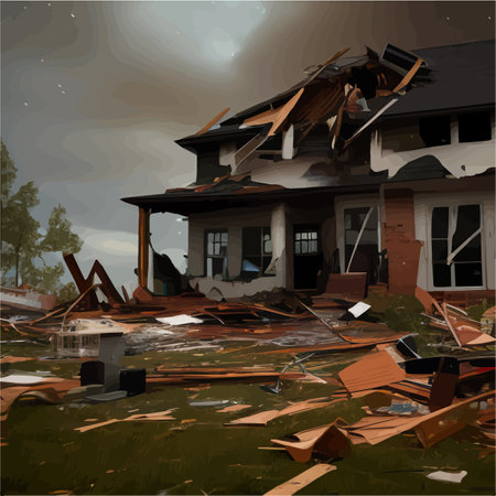 Twisting tornado, destroying civilian building. Hurricane Storm in countryside. Natural chimney in...