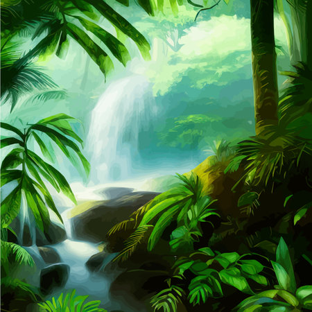 Spring landscape with waterfall in tropical forest. Vector illustration rivers trees with green foliage, green grass and stone. Natural park, wildlifeのイラスト素材