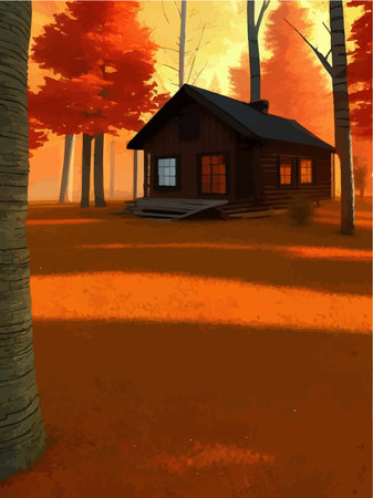 Fairytale house made logs with red roof, old wooden door, window. Vector illustration in cartoon style, in autumn forest with orange bright foliageのイラスト素材