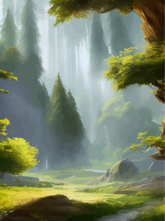 Mountain river landscape vector illustration. Spring summer Beautiful nature, green meadows and forests, picturesque misty mountains on the horizon, vertical postcardのイラスト素材