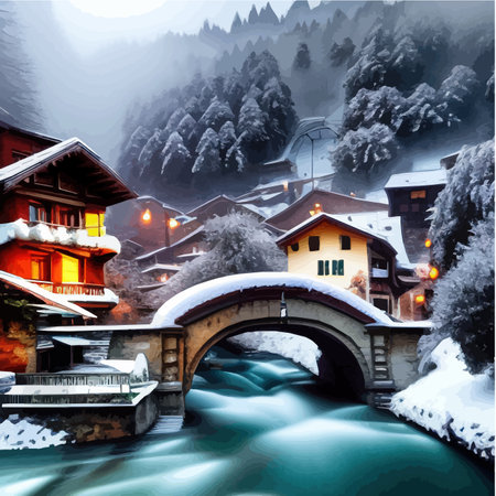 Winter town with bridge over river next to large pine forest against backdrop mountains, fantasy painting, vector illustrationのイラスト素材